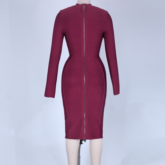 Wine High Neck Long Sleeve Bandage Dress #1325 - Picture 4 of 5